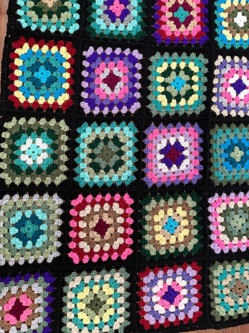 Handmade Vintage Style Black Trim Granny Square Afghan Roseanne Couch Blanket